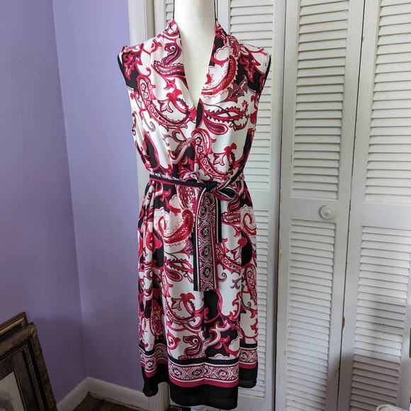 Joseph Ribkoff Scarf Print Paisley Dress Size 10 Fuschia White Black Belted - Picture 2 of 12